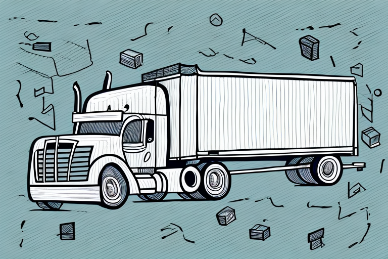 Illustration of a stylized semi-truck with a large trailer on a textured blue background. The truck is outlined in black with white details, surrounded by abstract lines and floating cubes, reminiscent of dynamic LTL shipping rates.