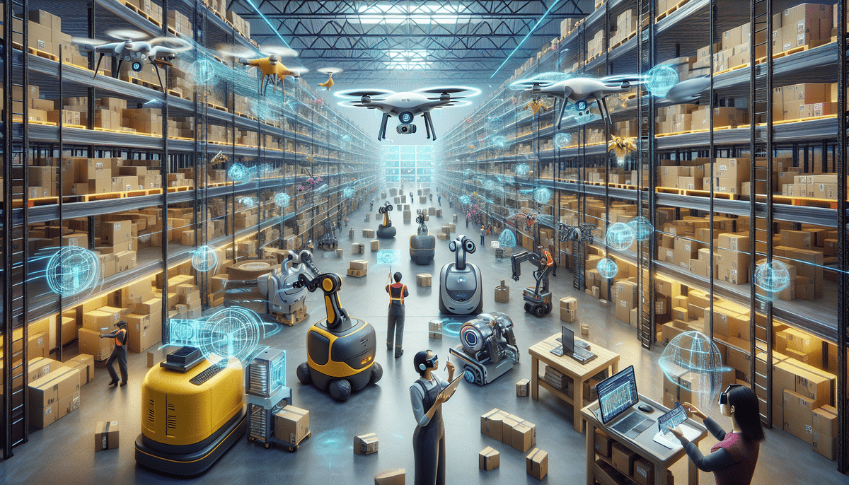 A futuristic warehouse with towering shelves full of boxes. Drones and robots are enhancing the workflow as they assist workers using digital devices. Holographic interfaces showcase cutting-edge technology in warehouse management and precise inventory organization.
