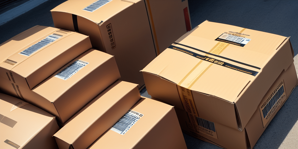 A group of cardboard boxes with shipping labels and barcodes are stacked on the ground, ready for processing through UPS WorldShip. The sunlight casts shadows, highlighting the box textures and details.