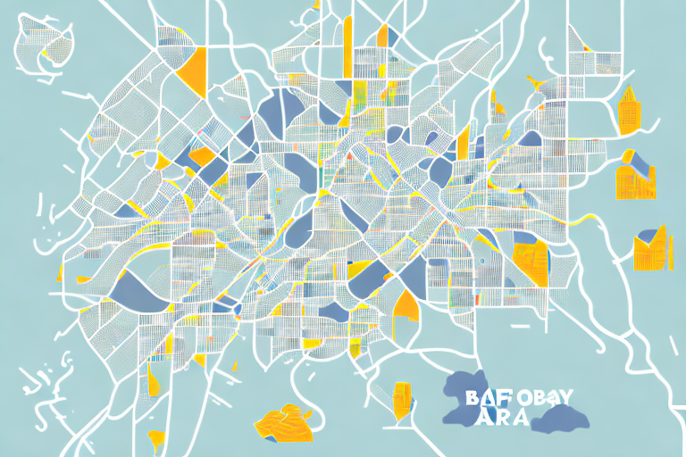 Abstract map of a city with blue and yellow highlights delineating roads and neighborhoods in the Bay Area. Various buildings and landmarks are illustrated in yellow, with a stylized representation of mountains in the bottom corner. Marked BAFOBAY ARA in one area.