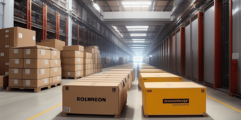 A large warehouse with stacks of cardboard boxes on both sides. In the center, two distinctive yellow crates labeled Rolmreon hint at a batch process underway. The space is illuminated by overhead lighting, creating depth and efficiency in the workflow.