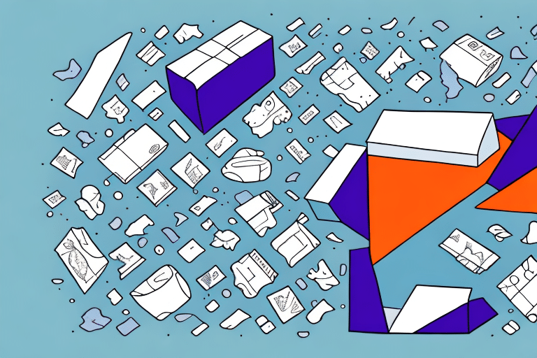 An abstract artwork mirrors the organized chaos of a FedEx Ship Manager interface, featuring geometric shapes like cubes and triangles scattered across a blue background. Shades of white, purple, and orange echo the meticulous dance of multiple-piece shipments interspersed with delicate line drawings.