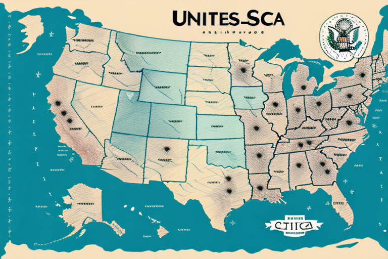 Vintage-style map of the United States, labeled Unites Sca, with stylized state shapes and patterns reminiscent of UPS delivery zones. Each state has a unique fill pattern or texture, accompanied by graphics like a city seal and decorative text.