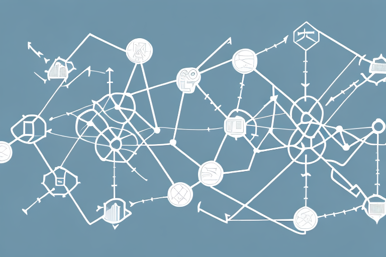 A complex network diagram with various interconnected symbols and arrows on a blue background, representing data flow and system connections, embodies Amazons supply chain achieving maximum efficiency.
