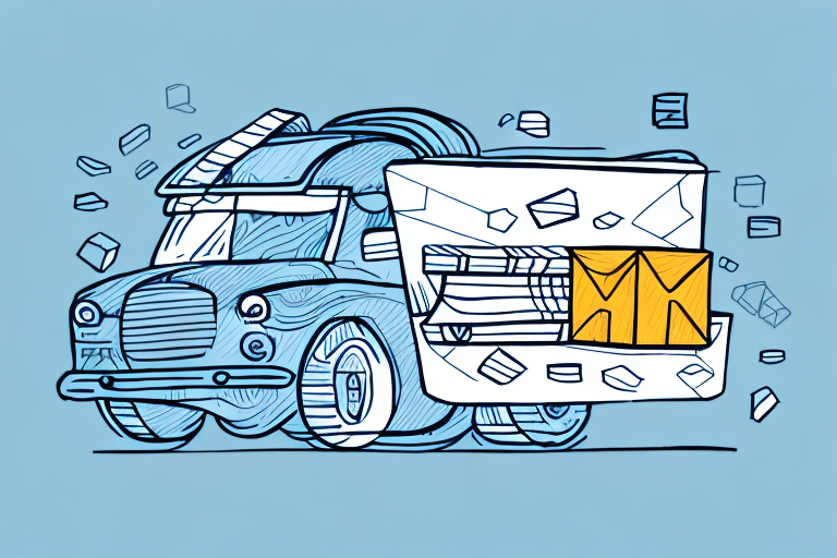 Illustration of a stylized blue delivery truck, symbolizing efficient courier services, with an oversized envelope holding a yellow package. Small squares float around against a light blue background.
