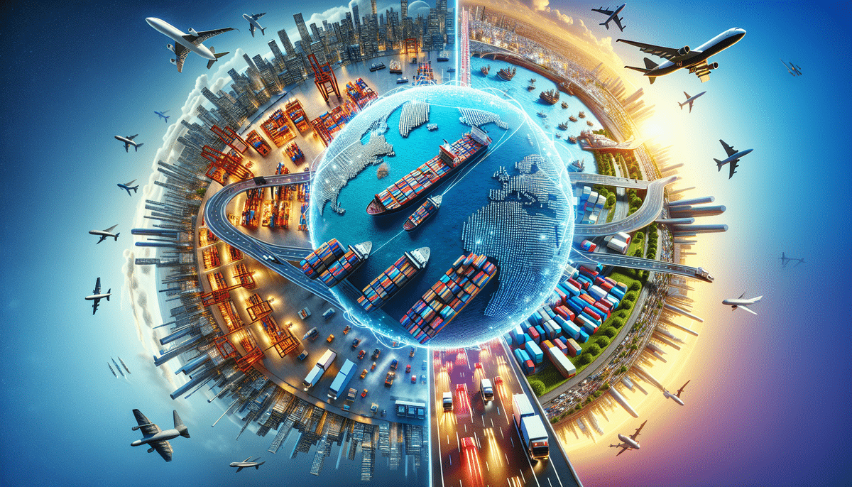 A digitally illustrated globe, branded with Flexport, displays half day and half night as planes, ships, trucks, and trains from ShipBob encircle it. A cityscape and infrastructure highlight global trade and connectivity.