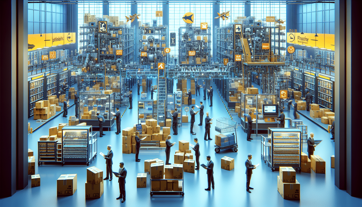 A bustling warehouse where employees efficiently manage large stacks of boxes alongside automated robots, reminiscent of a FedEx Fulfillment center. Shelves brim with packages as digital directional signs guide the way, creating an organized atmosphere that epitomizes efficient warehousing and shipping services.