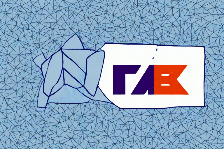 Geometric design with a blue faceted background. A paper-like structure resembling a FedEx Ship Manager label with Cyrillic letters ГАВ in red and purple is placed on top. The design echoes a fractured, abstract art style.