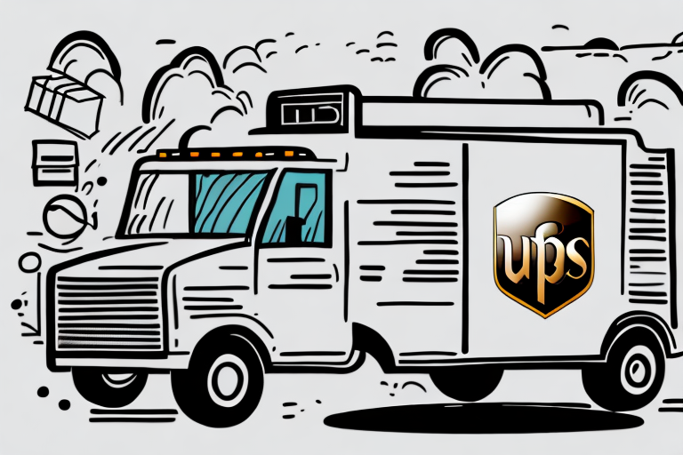 A black and white sketch illustrates a UPS delivery truck boasting the iconic logo, encircled by moving boxes and cloud-like lines that convey speed, perfectly capturing the essence of UPS 2nd Day Air.