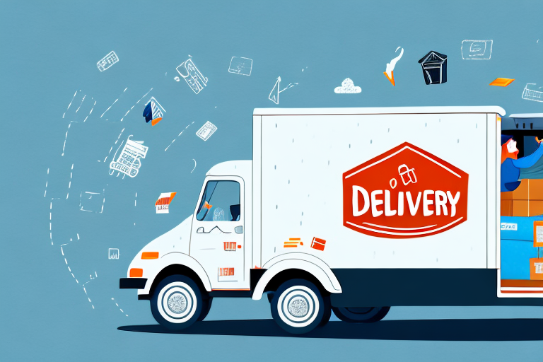 Illustration of a delivery truck on a blue background with a large Delivery sign. Boxes and letters fly out the back, showcasing speedy delivery benefits. The scene conveys dynamic service and delivery flexibility ideal for busy businesses.