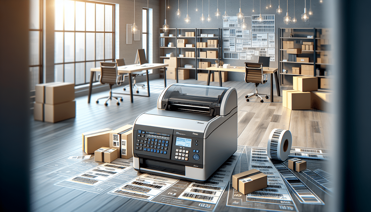 A modern office features a Rollo label printer in the foreground, surrounded by shipping labels and cardboard boxes. In the background, sleek desks, chairs, shelves, and large windows complete the well-lit workspace.