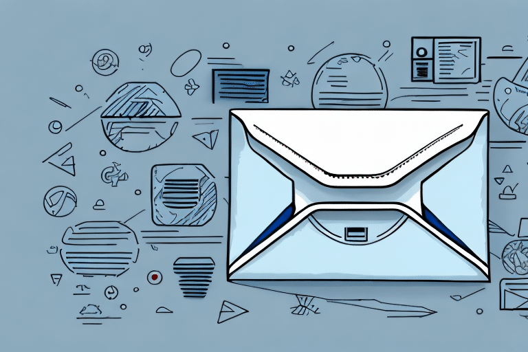 Illustration of a closed padded envelope surrounded by various abstract shapes and lines on a blue background, symbolizing communication and information exchange, much like the efficiency of UPS WorldShip in streamlining shipping logistics.