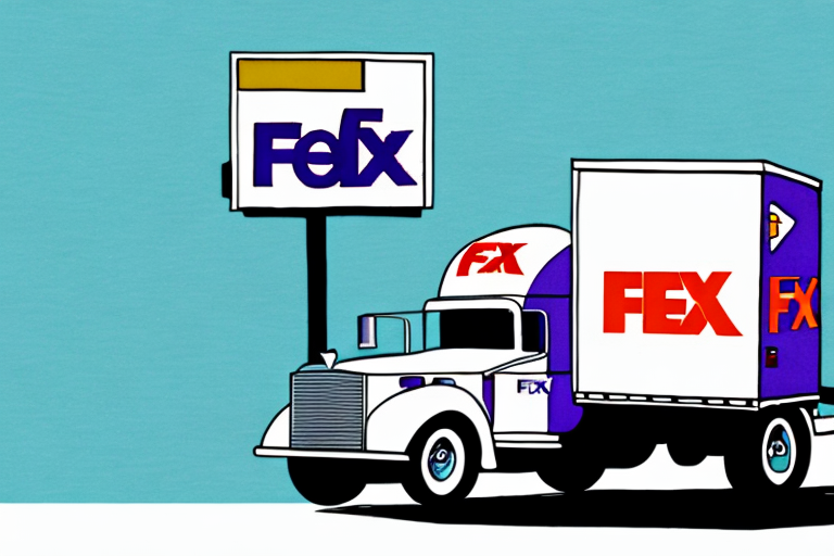 An illustration of a delivery truck with a white and blue color scheme, subtly echoing the FedEx design, displaying FEX on the side. The truck is parked near a sign with the same text. The background is a simple aqua blue.