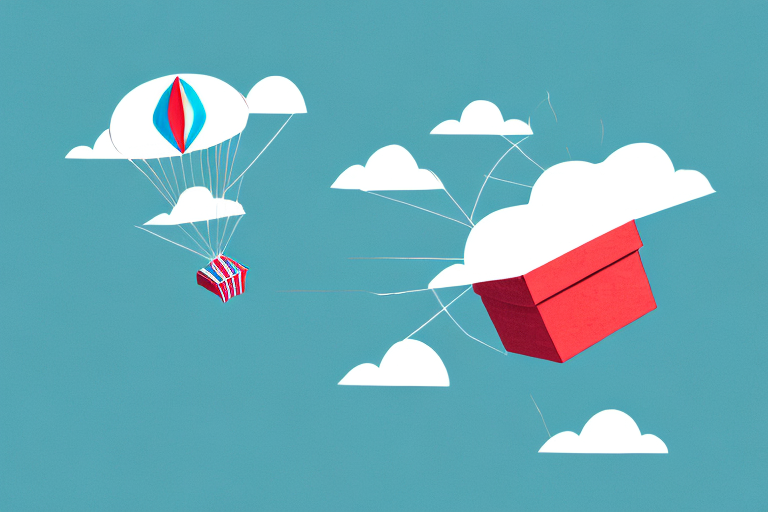 Illustration of two red boxes with parachutes floating among white clouds against a blue sky. This concept art shows one box with a red and blue parachute while the other, like a unique overview of logistics, is attached to strings connecting to a cloud.