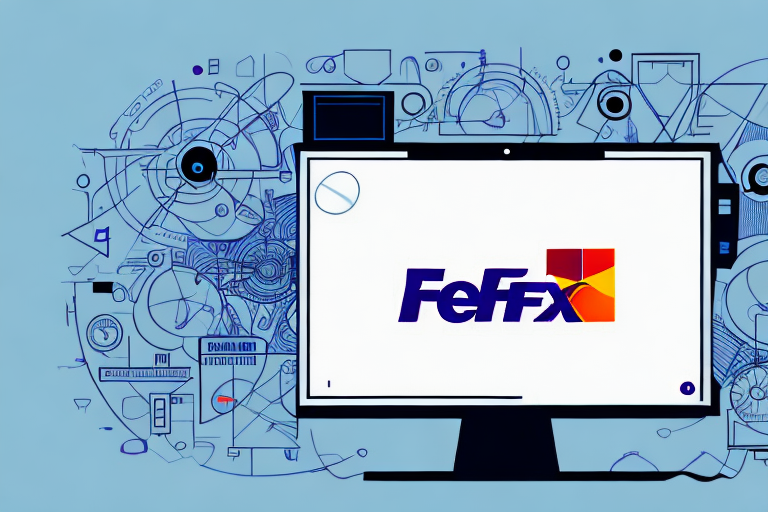 A computer monitor displaying a logo resembling FedEx with a playful twist, perhaps hinting at the FedEx Ship Manager interface. The background is filled with intricate abstract shapes and designs in shades of blue, creating a tech-inspired aesthetic.