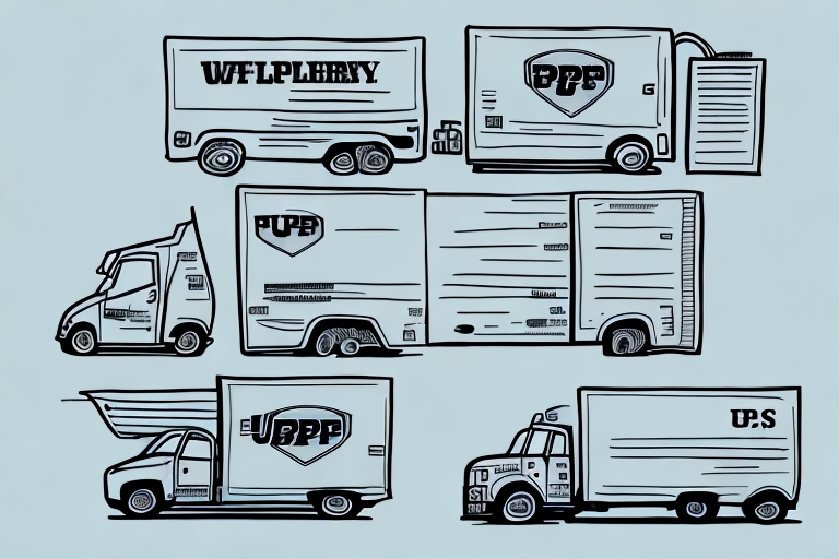 Illustrated trucks and trailers with logos on their sides, including PUP, U.S., and hints of USPS delivery services. The trucks vary in size and style, set against a light blue background.