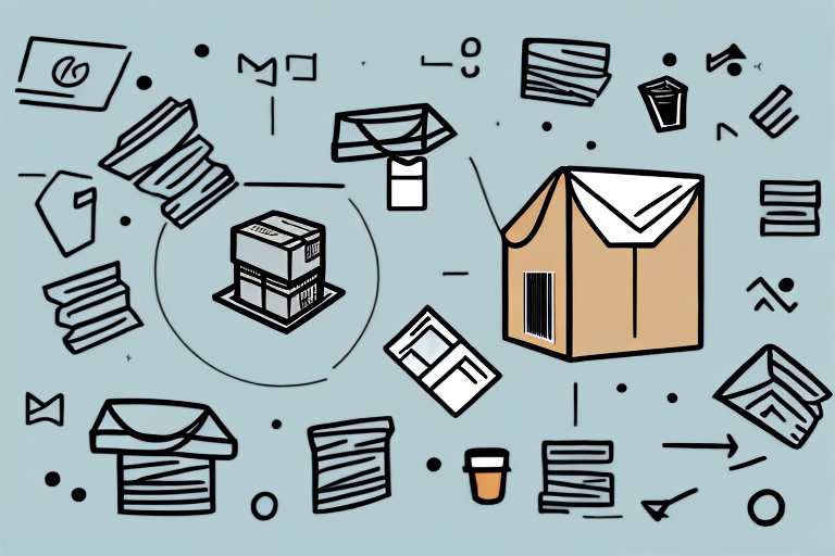 Illustration of a cardboard box surrounded by various envelope and package icons on a light blue background. Lines and arrows connect the items, suggesting a theme of mail or parcel delivery services, highlighting UPS Mail Innovations and versatile shipping options.
