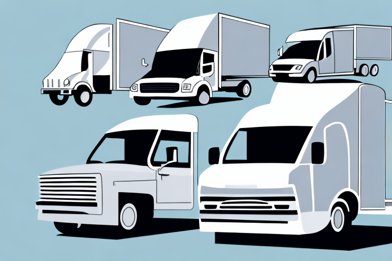 Illustration of five stylized delivery trucks, including a UPS model, in various sizes and shapes on a light blue background. Each truck has distinct features, such as different cab and cargo box designs, showcasing diversity in truck models perfect for transporting LED TVs.