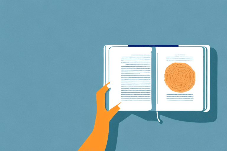 A person with an orange hand is holding a magnifying glass over an open book, examining an illustration of a giant orange thumbprint on the page. This artistic scene against a light blue background invites exploration of the best books to help grow your business.
