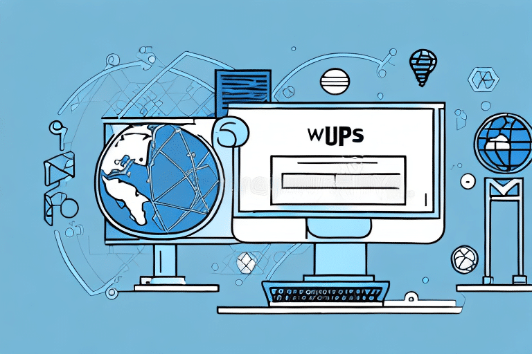 Illustration of a computer and globe on a blue background. The screen displays WUPS and a search bar, hinting at UPS WorldShip database backup. Various geometric and tech-related symbols float around, suggesting connectivity or digital communication.