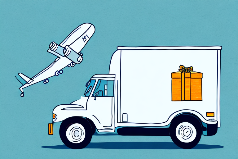 An illustration of a delivery truck featuring a large gift box on its side, symbolizing top-notch courier service, drives beneath a soaring plane. The scene is set against a backdrop of solid light blue.