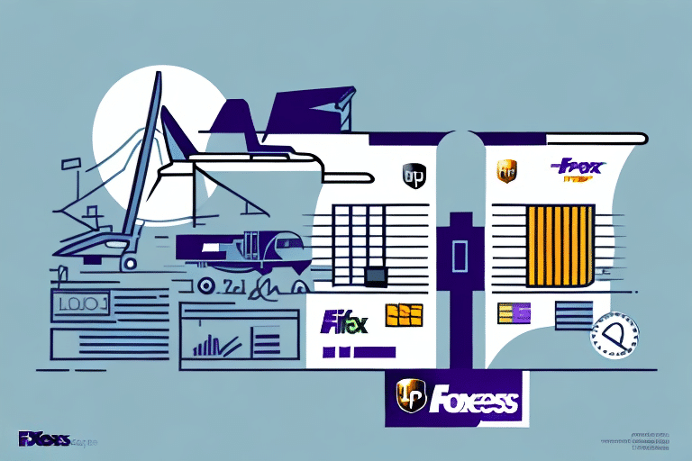 Illustration of advanced technology and logistics themes with elements like abstract buildings, a bridge, graphs, and a wind turbine. FedEx Ship Manager and several logos including Foxess and HP decorate the scene, set against a light blue background with geometric shapes.