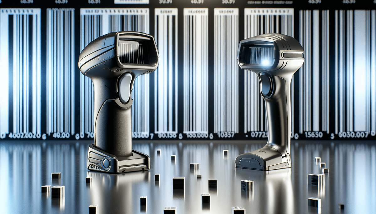 Two black barcode scanners stand on a reflective surface, resembling the sleek design of the Honeywell Xenon 1900g, against an enlarged background featuring various barcodes. The scene exudes a futuristic ambiance with the shiny, metallic appearance of these SEO-friendly barcodes.