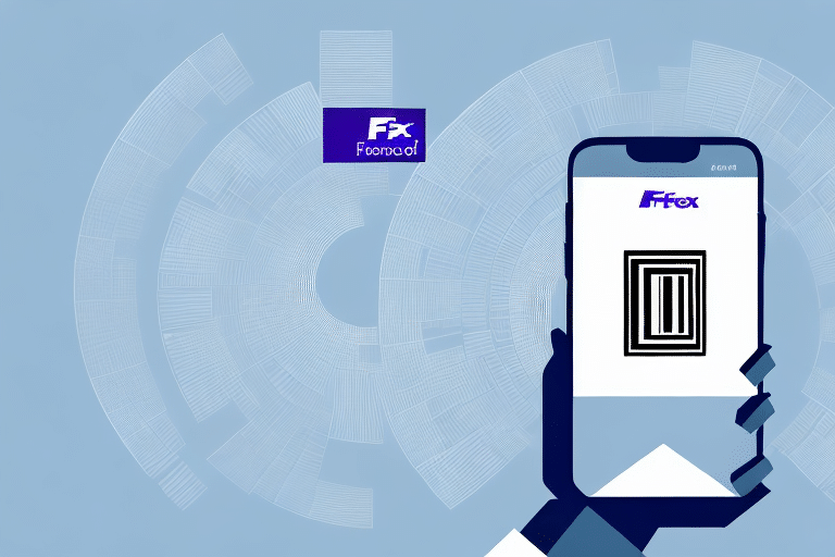 A stylized digital illustration depicts a hand holding a smartphone displaying a barcode-like image on its screen. In the background, overlapping concentric circular patterns and the FX Fox Forward logo are visible on a blue backdrop, reminiscent of FedEx Ship Manager’s interface.