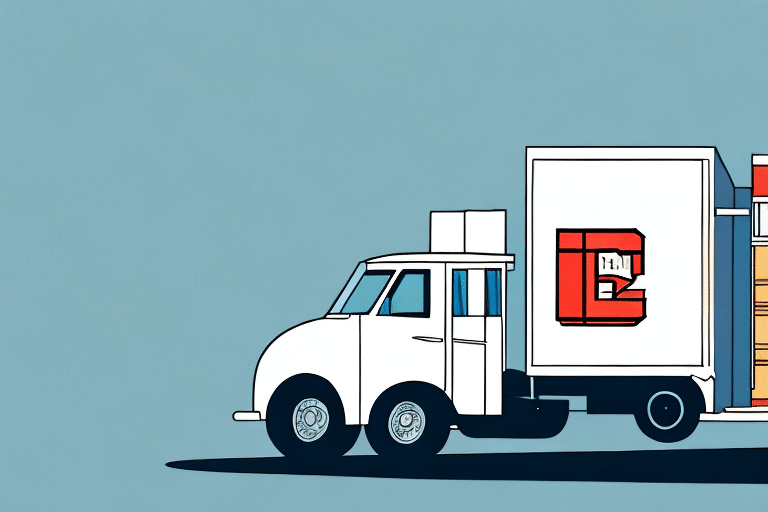 Illustration of a white delivery truck with a large package on its back, embodying the convenience of e-commerce. The truck faces left against a light blue background, with its side panel showcasing an abstract red and white design resembling a digital clock displaying 1:19.