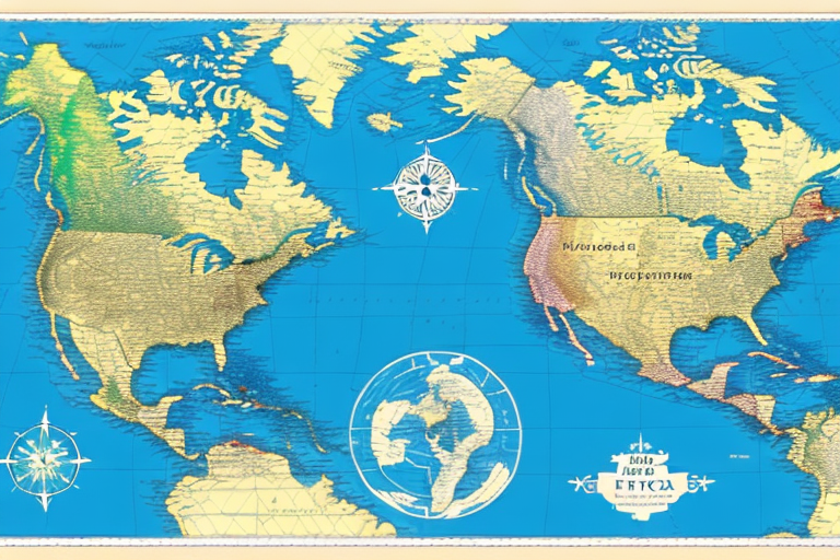 Vintage nautical map showcasing the continents of North and South America, with Alaska prominently depicted. Decorative compass roses and Cyrillic script labels adorn the map, surrounded by a charming border, evoking a bygone era of exploration.