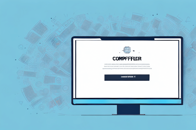 A computer screen displays a website featuring the bold title Compfffler with an icon of a document. The light blue background subtly showcases abstract images of documents and digital icons reminiscent of UPS Worldship, seamlessly blending technology and efficiency.