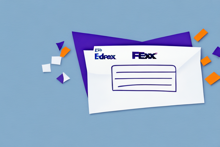 A blue background with a white envelope featuring purple and blue logos resembling Edex and Fedx. The envelope is partially open, perfect for sending packages, revealing a blank writing area surrounded by scattered geometric shapes in white, purple, and orange.
