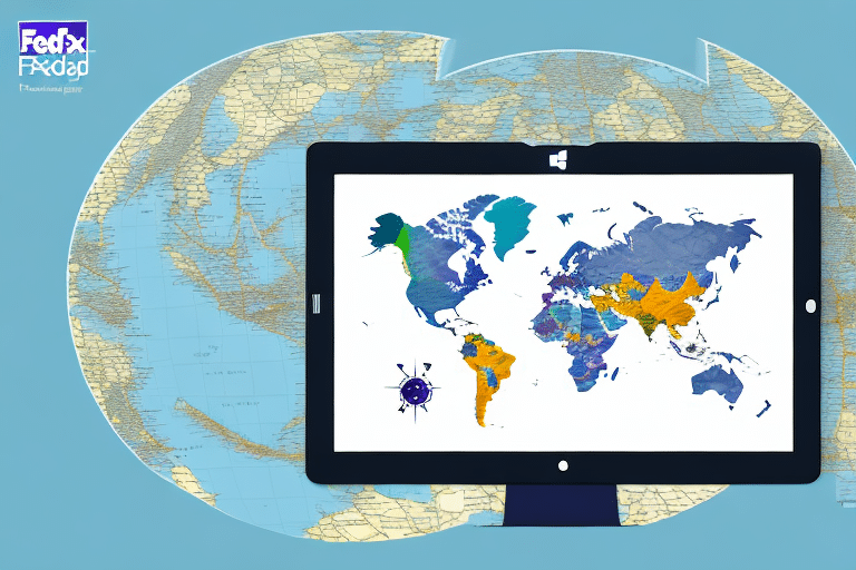 A digital map displayed on a tablet screen with various countries highlighted in different colors. A globe is visible in the background, along with a small compass icon. The FedEx logo graces the top left corner, hinting at the integration of FedEx Ship Manager for managing shipping addresses seamlessly.