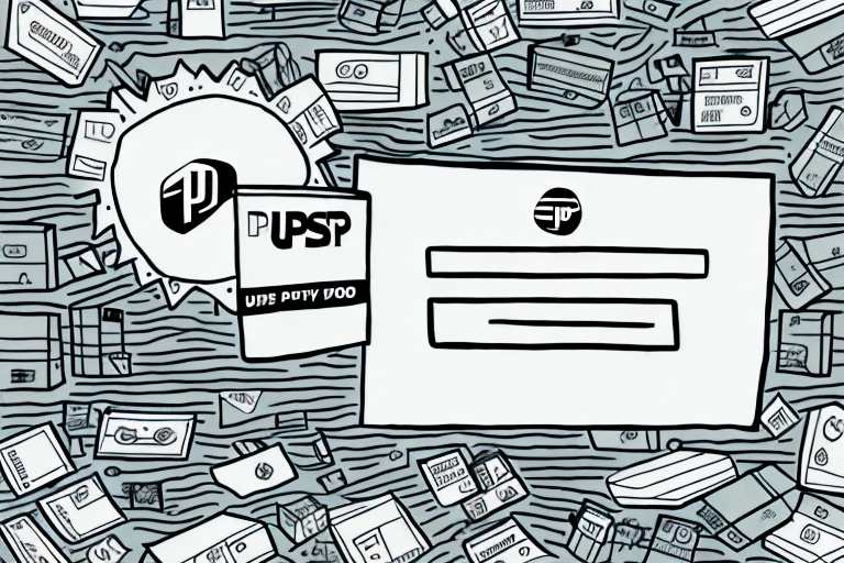 A chaotic collage of sketches including credit cards, documents, and a sign-in screen with login fields. The central focus is on two overlapping logos featuring the letters PU, hinting at Shopifys streamlined shipping process with UPS Rates integrated elegantly in a circular design.