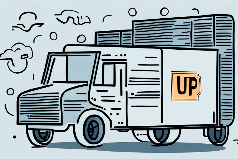 Illustration of a delivery truck with a yellow UP label on the side, soaring through a cloudy sky. The design features stylized hand-drawn lines and a minimal color palette, subtly highlighting current shipping rates trends.