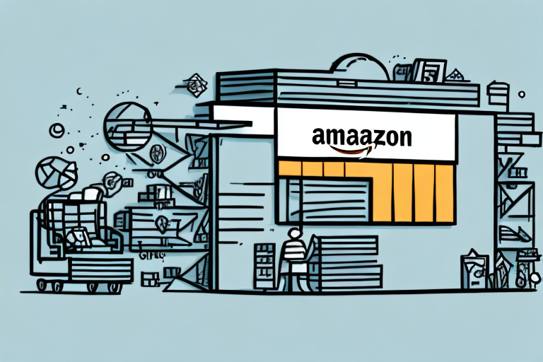 Illustration of a warehouse labeled amaazon with a person and cart brimming with packages at the entrance. Encircling the building are symbols of shipping and logistics, depicting the Amazon Effect and its impact on businesses worldwide.