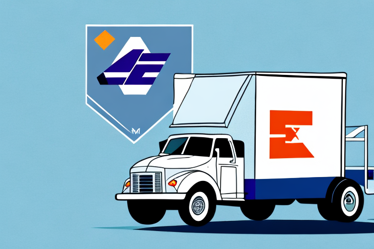A stylized illustration depicts a delivery truck with a white cab and blue accents against a blue background, echoing FedEx Shipment Exceptions. A red and white logo adorns its side, while an abstract geometric emblem with blue and orange elements adds intrigue behind the truck.