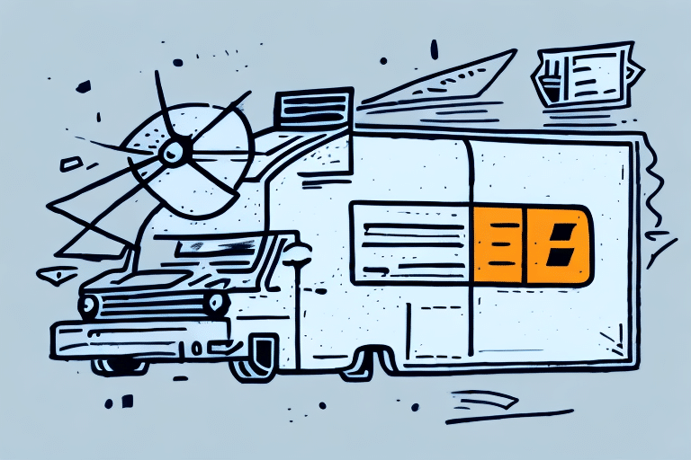 An illustration of a whimsical RV with exaggerated features, such as a large satellite dish and vivid orange windows, resembles something straight out of a FedEx Ship Manager dream. The vehicle appears cartoonishly dynamic, surrounded by abstract shapes and movement lines.