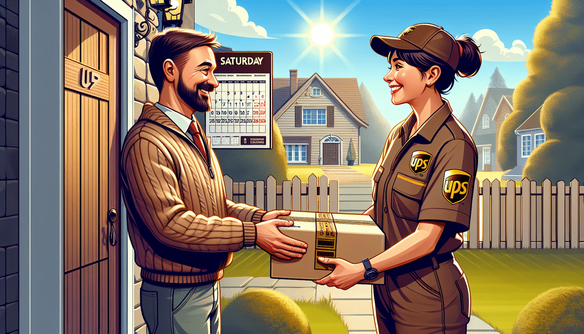 A smiling UPS delivery person in a brown uniform hands a package to a man at his front door on a sunny day. A calendar marked Saturday is visible on the wall behind them, highlighting the convenience of UPS Saturday Delivery in their suburban neighborhood with houses and a white fence.