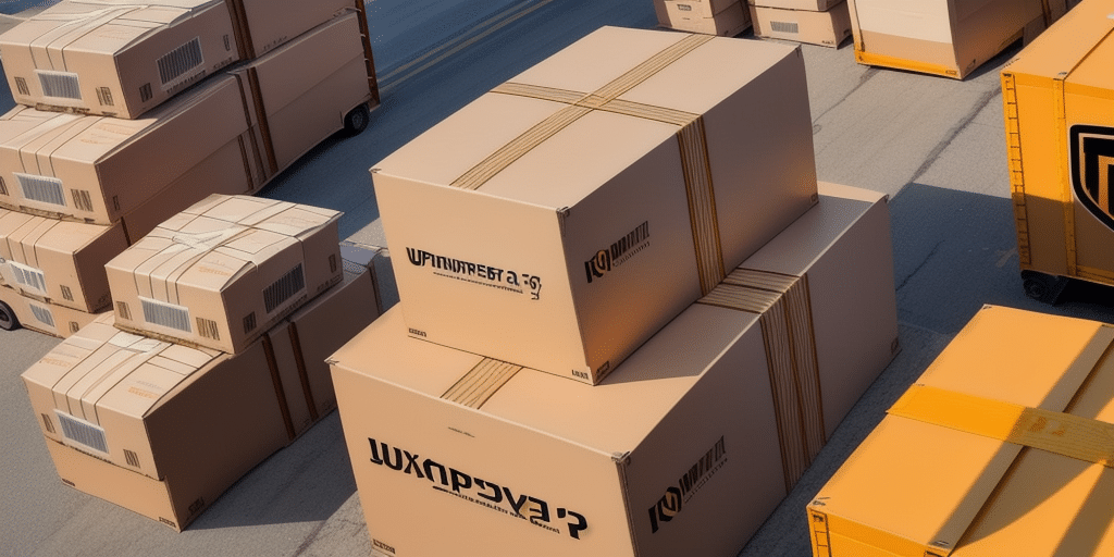 Aerial view of large stacked cardboard boxes, some on pallets and others on the ground, catering to diverse shipping needs in a wide open area. The boxes are marked with black text and logos, while yellow storage units and UPS WorldShip systems are visible in the background.