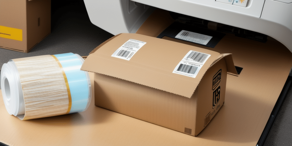 A cardboard package with barcodes printed on a label sits in front of a large inkjet printer, ready for dispatch. Nearby, a roll of peel-and-stick labels awaits use. The setting appears to be a shipping or packaging station likely using UPS Worldship software for efficiency.