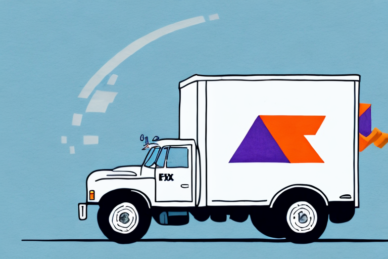Illustration of a white delivery truck with the letters FDX on the door. The FedEx truck features a purple and orange geometric logo on the side. The light blue background, accented by motion lines, suggests efficient movement, symbolizing competitive shipping rates.