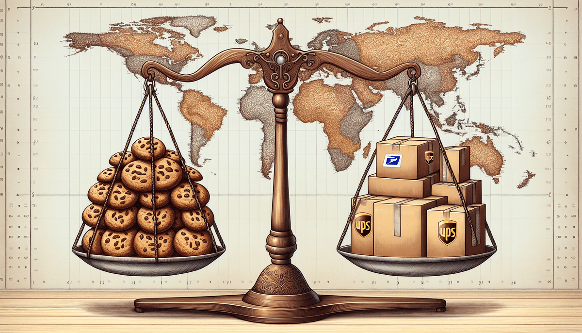 An antique balance scale displays cookies on one side and diverse delivery boxes like UPS and USPS on the other, set against a world map backdrop. This scene underscores themes of global trade and competitive shipping rates.