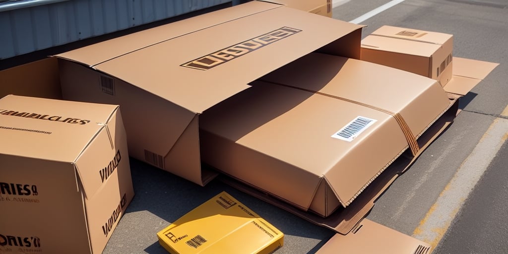 Large cardboard boxes, some opened and flattened, are scattered on a sunlit asphalt road. The boxes display barcodes and markings like those used in UPS Worldship. Shadows stretch across the pavement, hinting at a bright day.