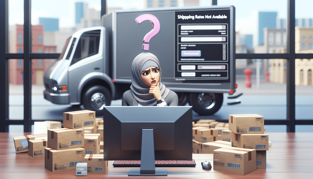 A woman in a hijab puzzledly looks at a computer displaying Shipping Rates Not Available during checkout. Surrounded by cardboard boxes, with a FedEx truck and cityscape visible outside, she wonders if the issue is with Shopify.
