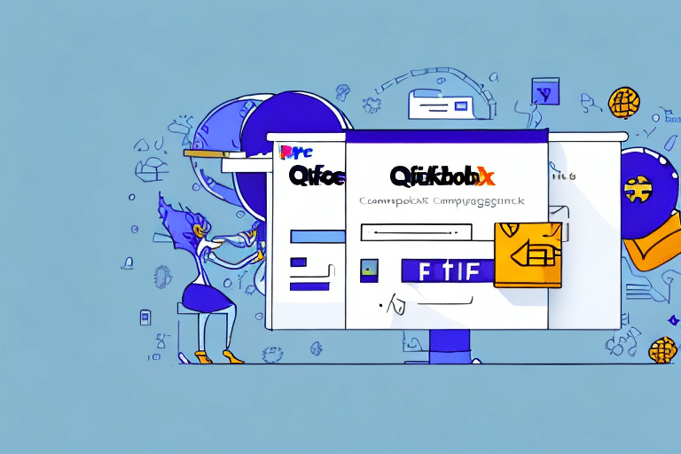 An abstract illustration of a computer screen displaying a software interface like QuickBooks. Nearby, a person stands with a globe and various digital icons in the background, suggesting themes of technology, global connectivity, and easy installation.