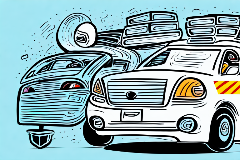 Illustration of a traffic accident scene with an overturned blue car beside a white police vehicle with flashing red lights, set against a light blue background. Amidst the debris, aspiring courier drivers are reminded of the crucial safety skills needed for car courier jobs.