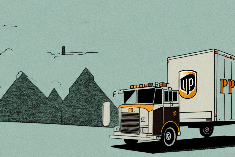 Illustration of a UPS truck with UP emblazoned on the side, navigating a road against distant mountains under a clear sky dotted with birds. The brown and white vehicle captures the essence of efficiency, while subtly alluding to the nuances of an extended area delivery fee in its journey.