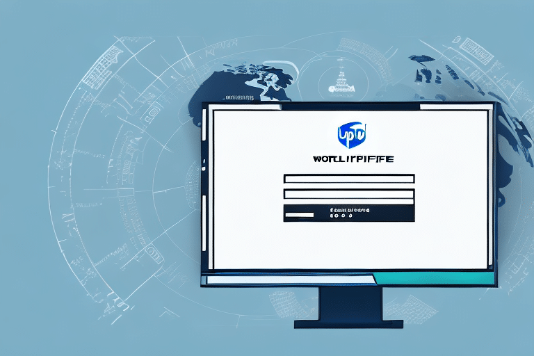 A computer monitor displays a login screen with a password field. The background features a world map with technical diagrams and elements resembling UPS shipping labels, suggesting a global or technological theme.