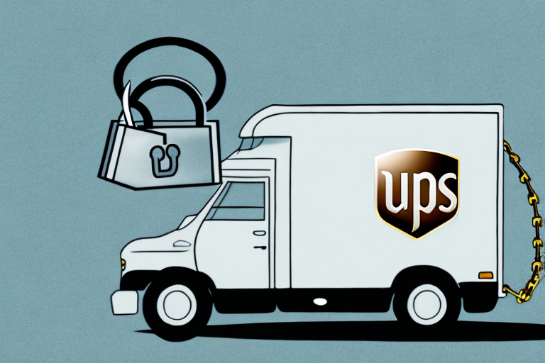 Illustration of a delivery truck with a UPS logo, chained to a giant lock next to a cut chain. The scene suggests the concept of security being breached or broken, highlighting the importance of coverage and UPS insurance against potential theft.